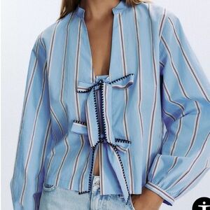 Zara Light Blue Striped Blouse with Tie Detail